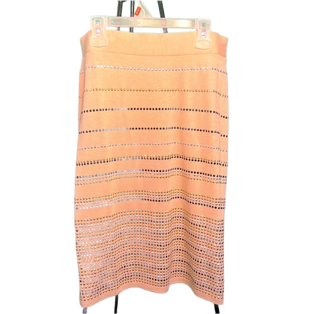 SizeM Venus Beige Skirt w Silver Beads Decor Elastic Waist Pencil Style Elegant